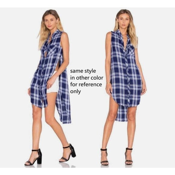 Rails Revolve Jordyn Plaid Long Button Up Shirt Vest Dress Size S Hi-low Blue - Picture 2 of 13